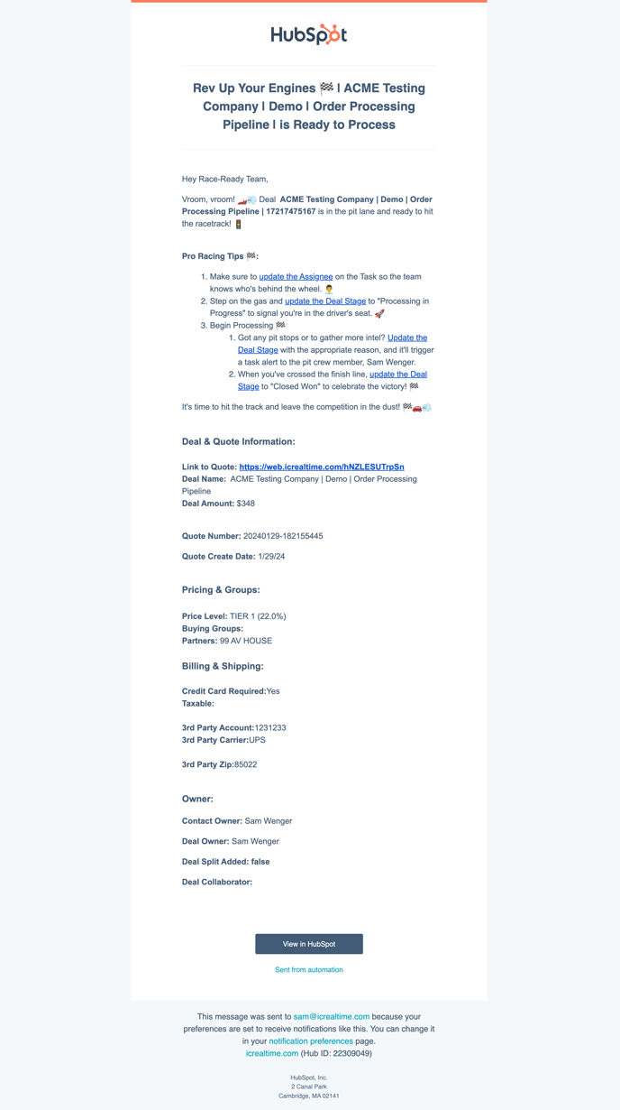 Order Processing Email