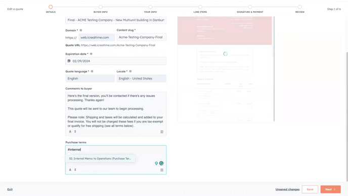 Submitting Quote - Purchase Terms Shortcut